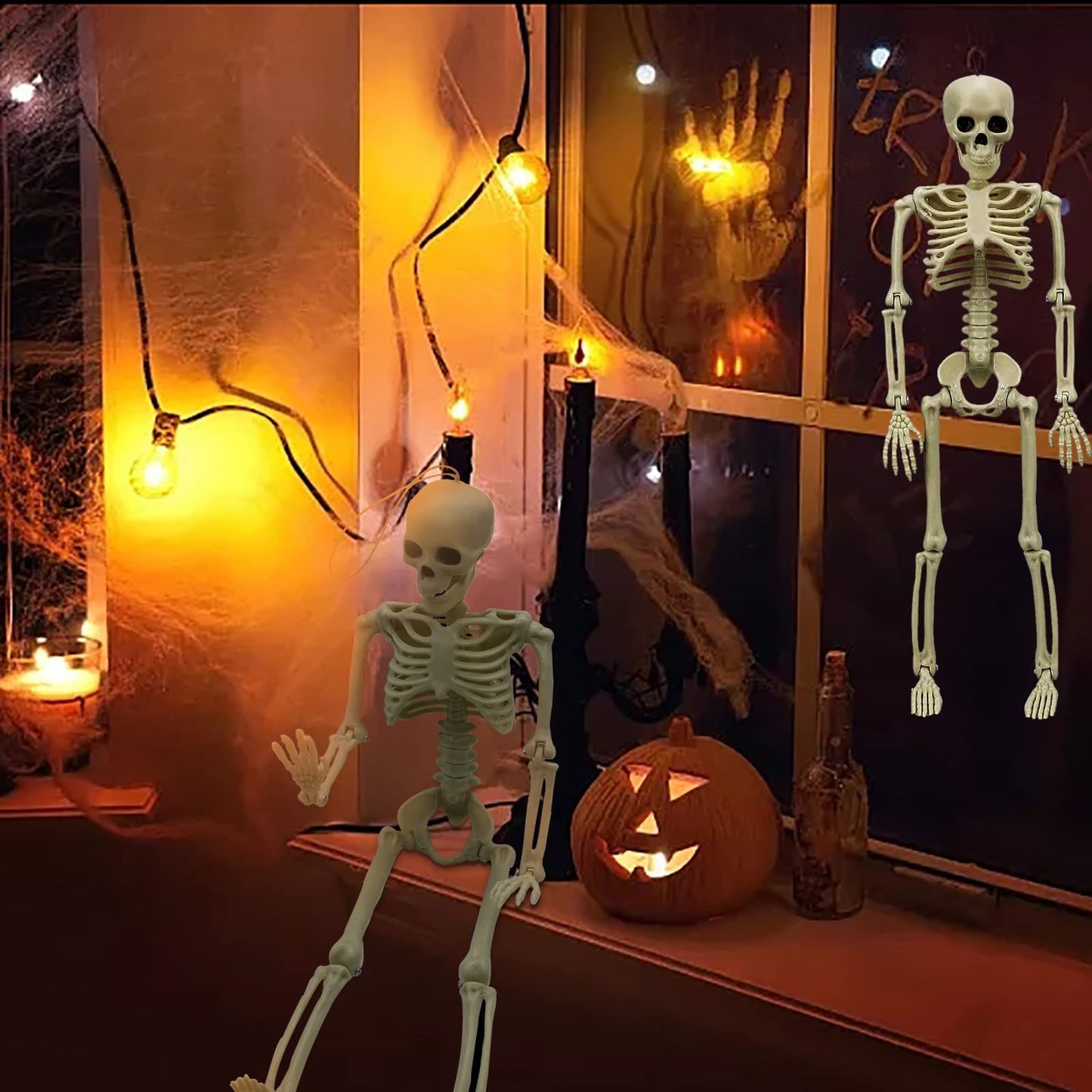 16" Halloween Skeleton 2pcs Full Body Posable Halloween Skeletons with Movable Joints Realistic Spooky Skeletons for Haunted House