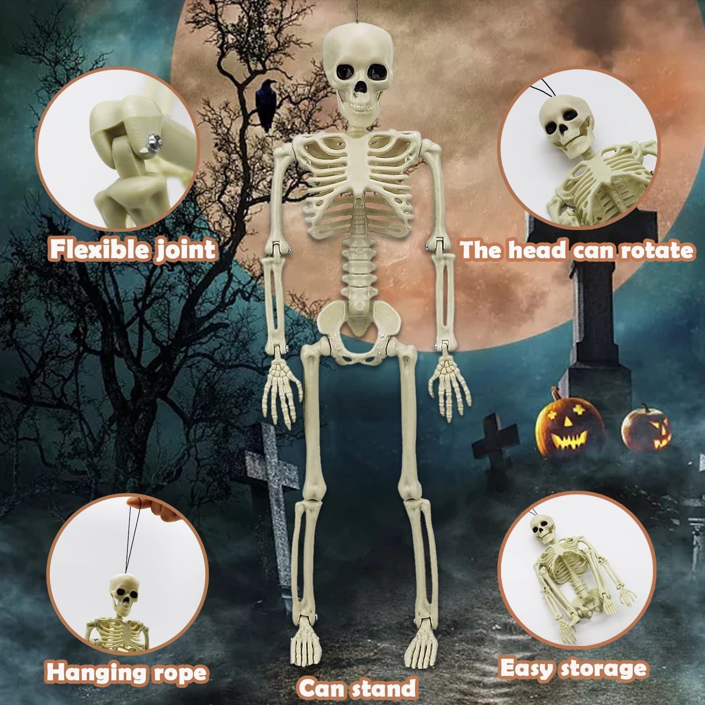 16" Halloween Skeleton 2pcs Full Body Posable Halloween Skeletons with Movable Joints Realistic Spooky Skeletons for Haunted House
