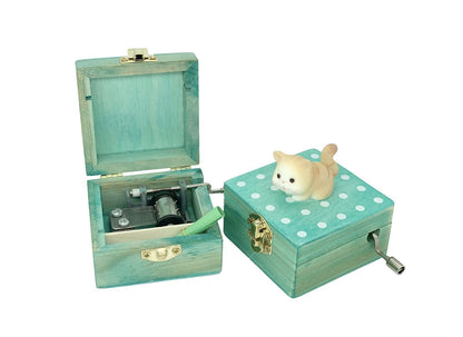 Gift Wrapped Mini Wooden Hand Crank Music Box with Lovely Cat (Tune: Castle in The Sky) (Brownish Yellow)