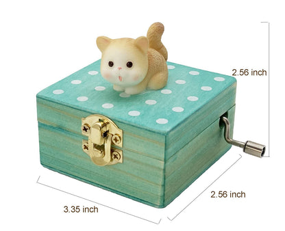 Gift Wrapped Mini Wooden Hand Crank Music Box with Lovely Cat (Tune: Castle in The Sky) (Brownish Yellow)