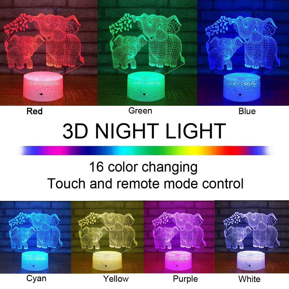 Elephant 3D Night Light for Kids 3D Lamp with 16 Colors Changing Remote Control Elephant Toys Women Baby Boys Gifts (Elephant)