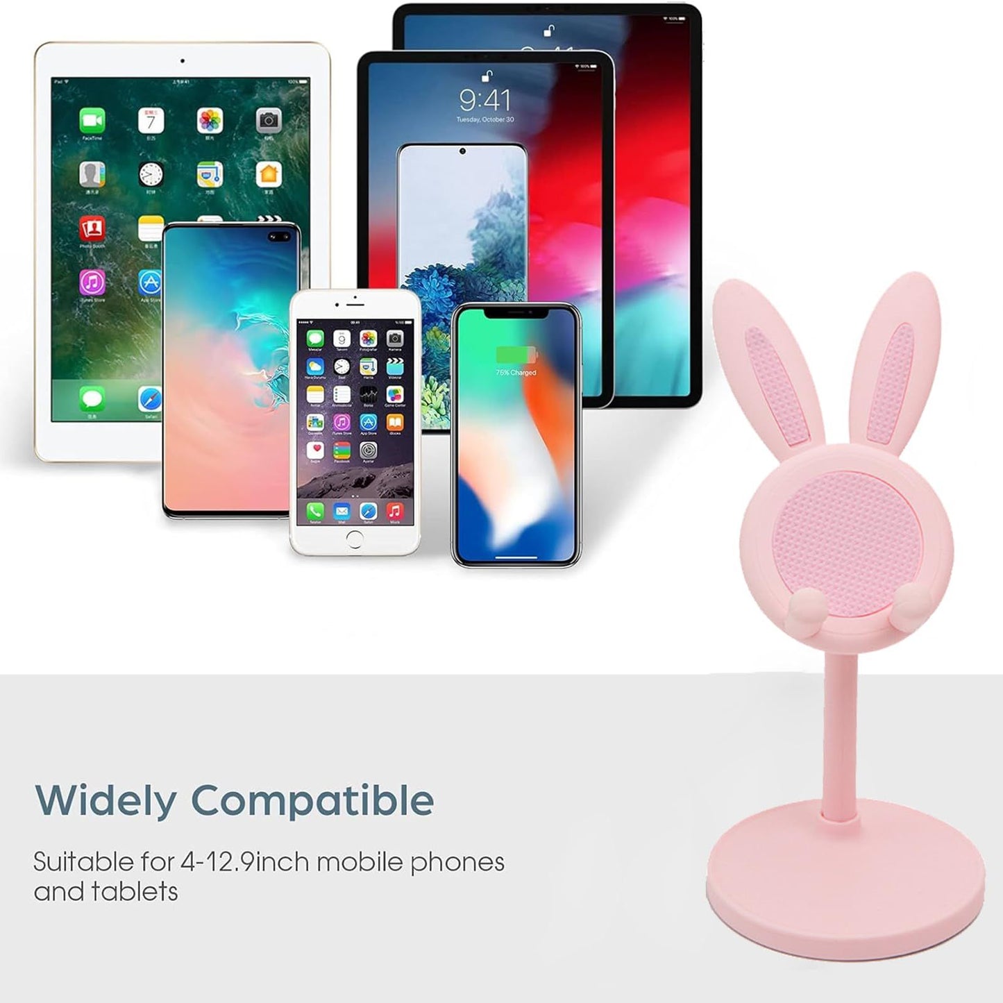 Cell Phone Stand,Angle Height Adjustable Bunny Phone Stand for Desk,Cute Rabbit Phone Holder Stand for Desk(Pink)
