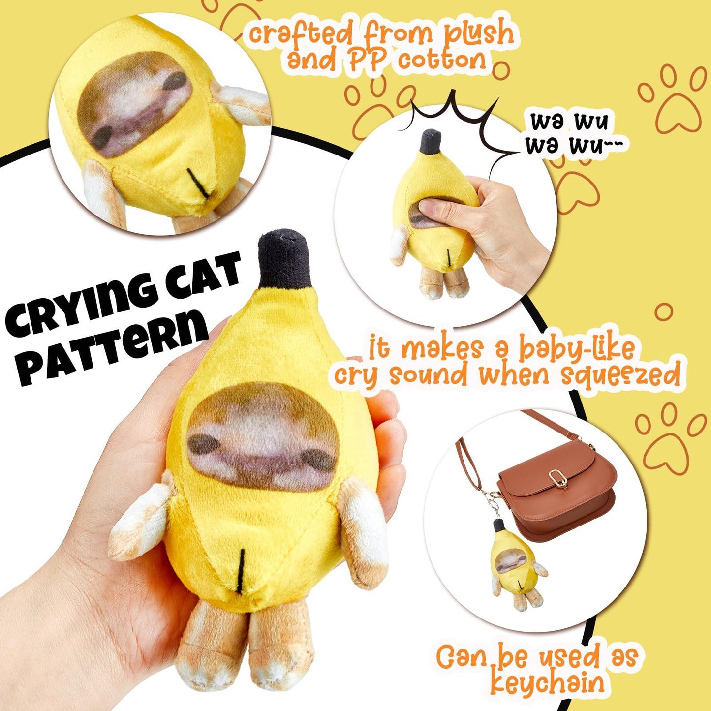Sound Making Banana Cat Keychain Happy Funny Crying Banana Cat Plush Keychain （Two different expressions）