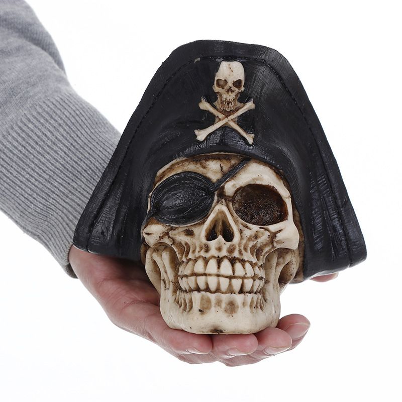 Realistic Human Skull Resin Statue Head Skeleton Ghost Whisper Graveyard of Craniums Figurine Sculpture, Skull with Pirate