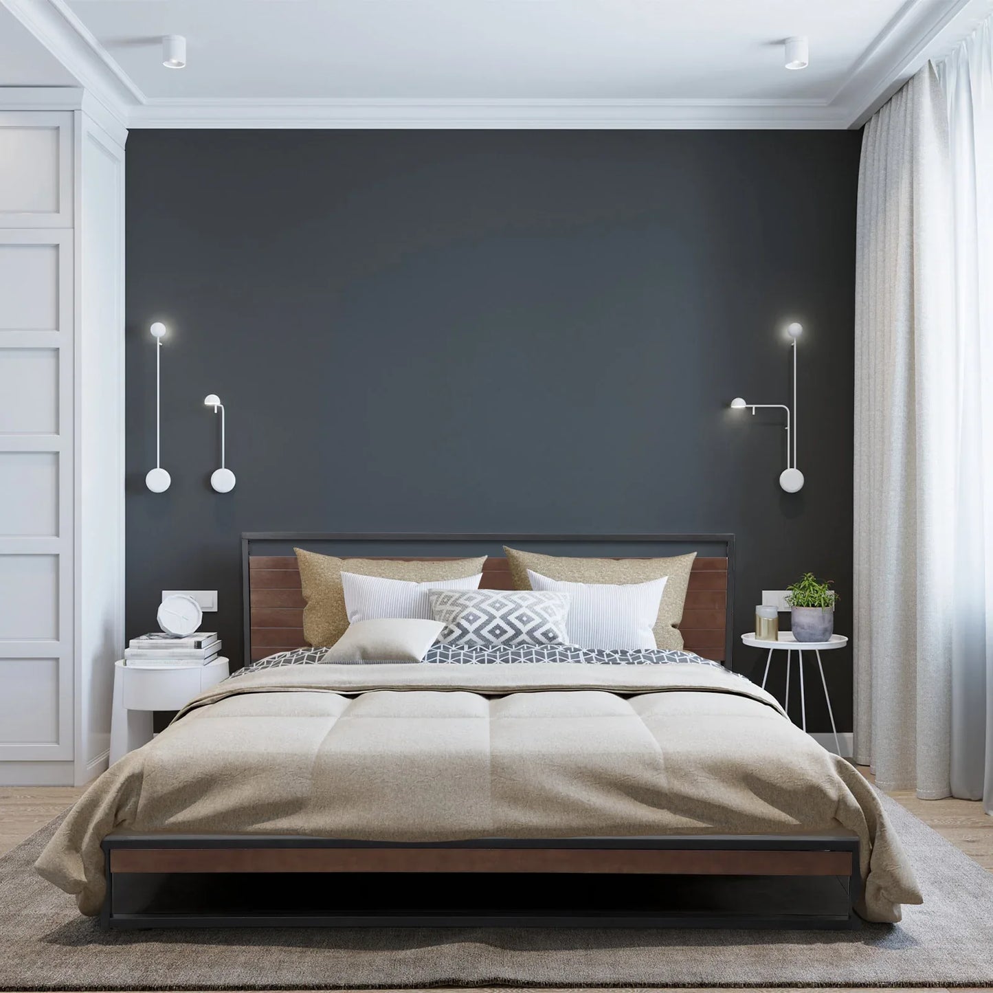 Milano Decor Azure Bed Frame With Headboard Black Wood Steel Platform Bed - Single - Black - Mekamart Australia