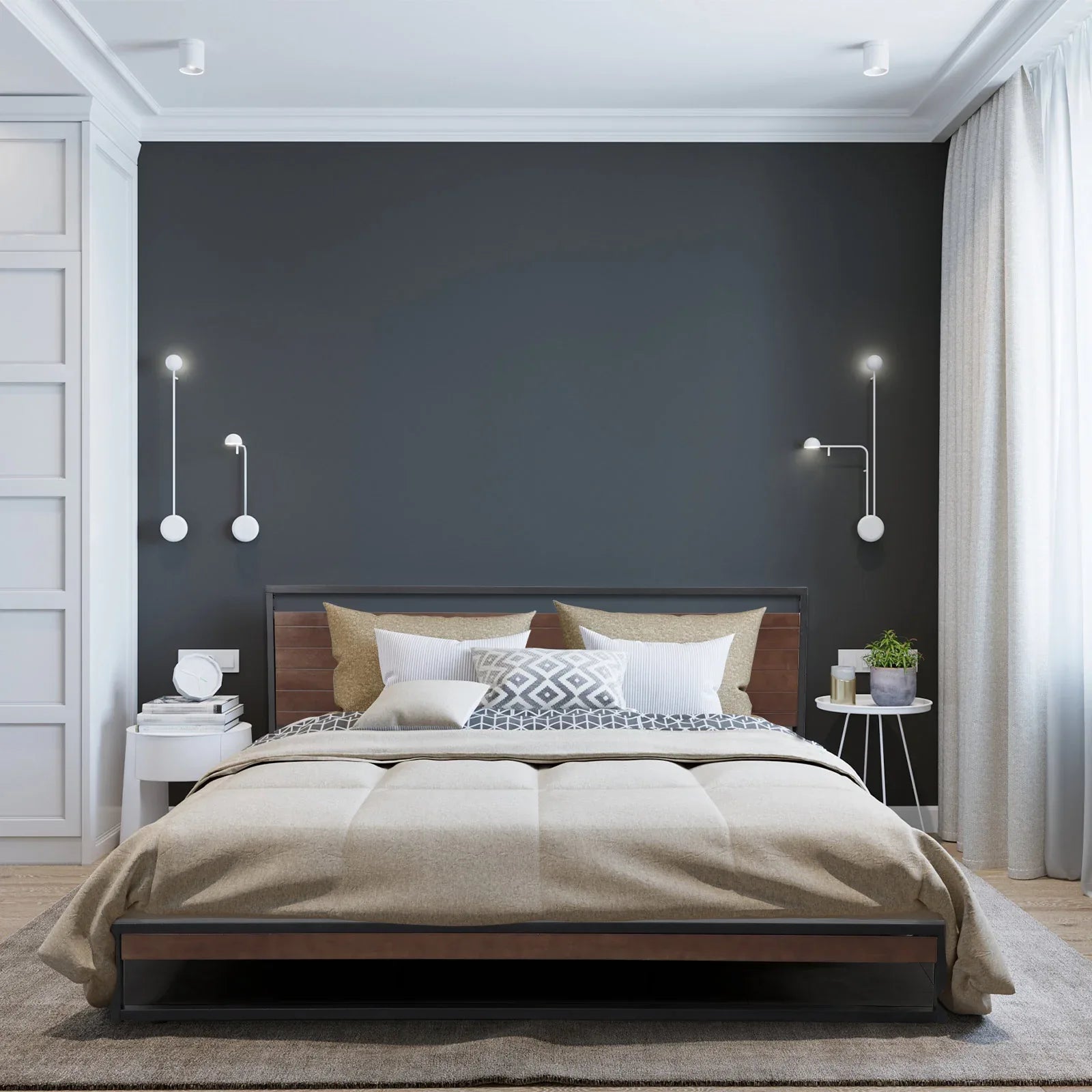 Milano Decor Azure Bed Frame With Headboard Black Wood Steel Platform Bed - Single - Black - Mekamart Australia