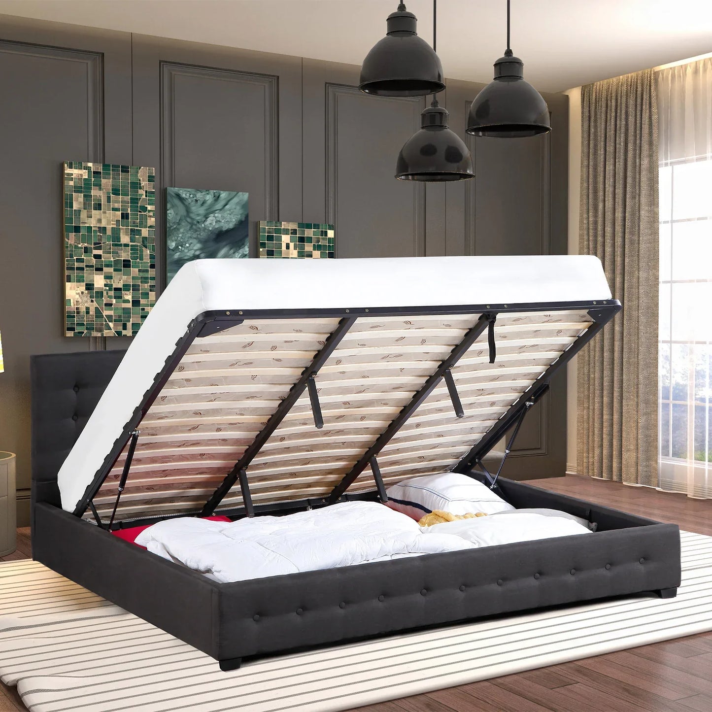 Milano Decor Eden Gas Lift Bed With Headboard Platform Storage Dark Grey Fabric - Single - Dark Grey - Mekamart Australia