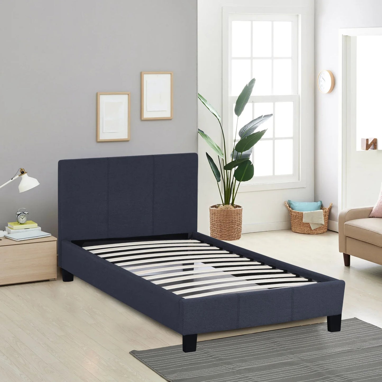 Milano Sienna Luxury Bed Frame Base And Headboard Solid Wood Padded Linen Fabric - Single - Charcoal - Mekamart Australia