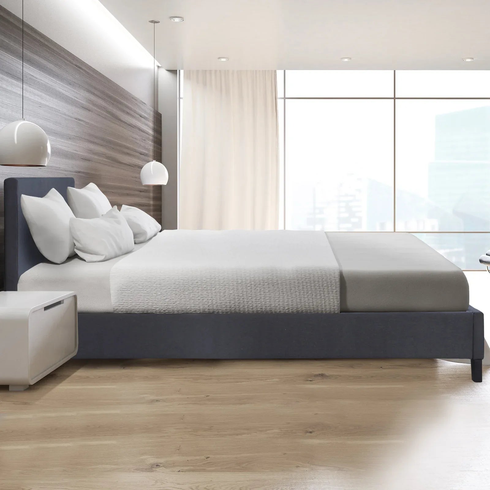 Milano Sienna Luxury Bed Frame Base And Headboard Solid Wood Padded Linen Fabric - Single - Charcoal - Mekamart Australia