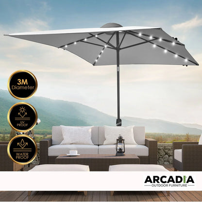 Arcadia Furniture Umbrella 3 Metre Umbrella with Solar LED Lights Garden Yard - Grey - Mekamart Australia