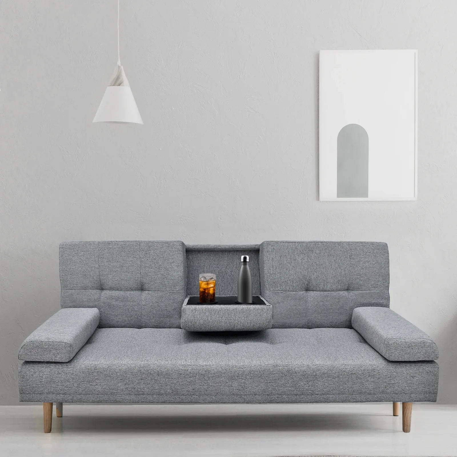 Casa Decor Mendoza 2 in 1 Sofa Bed Couch Grey Pull Down Cupholder 3 Seats Futon - Mekamart Australia