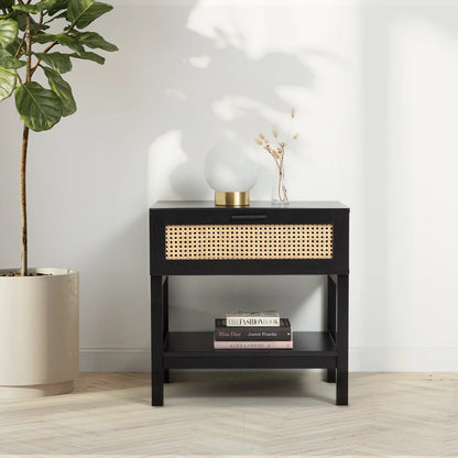 Casa Decor Tulum Rattan Bedside Table Drawers Table Nightstand Cabinet Black - Mekamart Australia