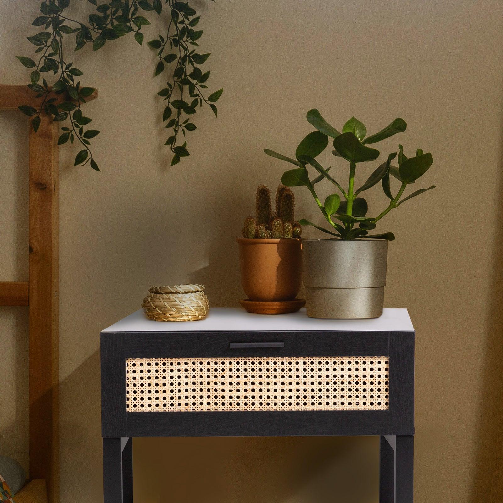 Casa Decor Tulum Rattan Bedside Table Drawers Table Nightstand Cabinet Black - Mekamart Australia