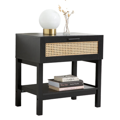 Casa Decor Tulum Rattan Bedside Table Drawers Table Nightstand Cabinet Black - Mekamart Australia