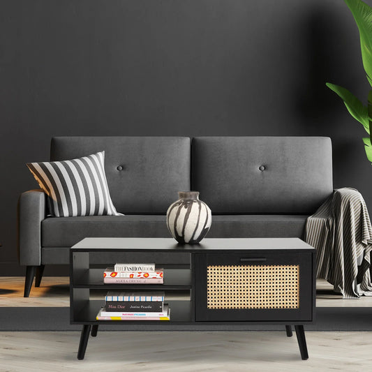 Casa Decor Tulum Rattan Coffee Table Storage Drawer Furniture Wooden Black - Mekamart Australia