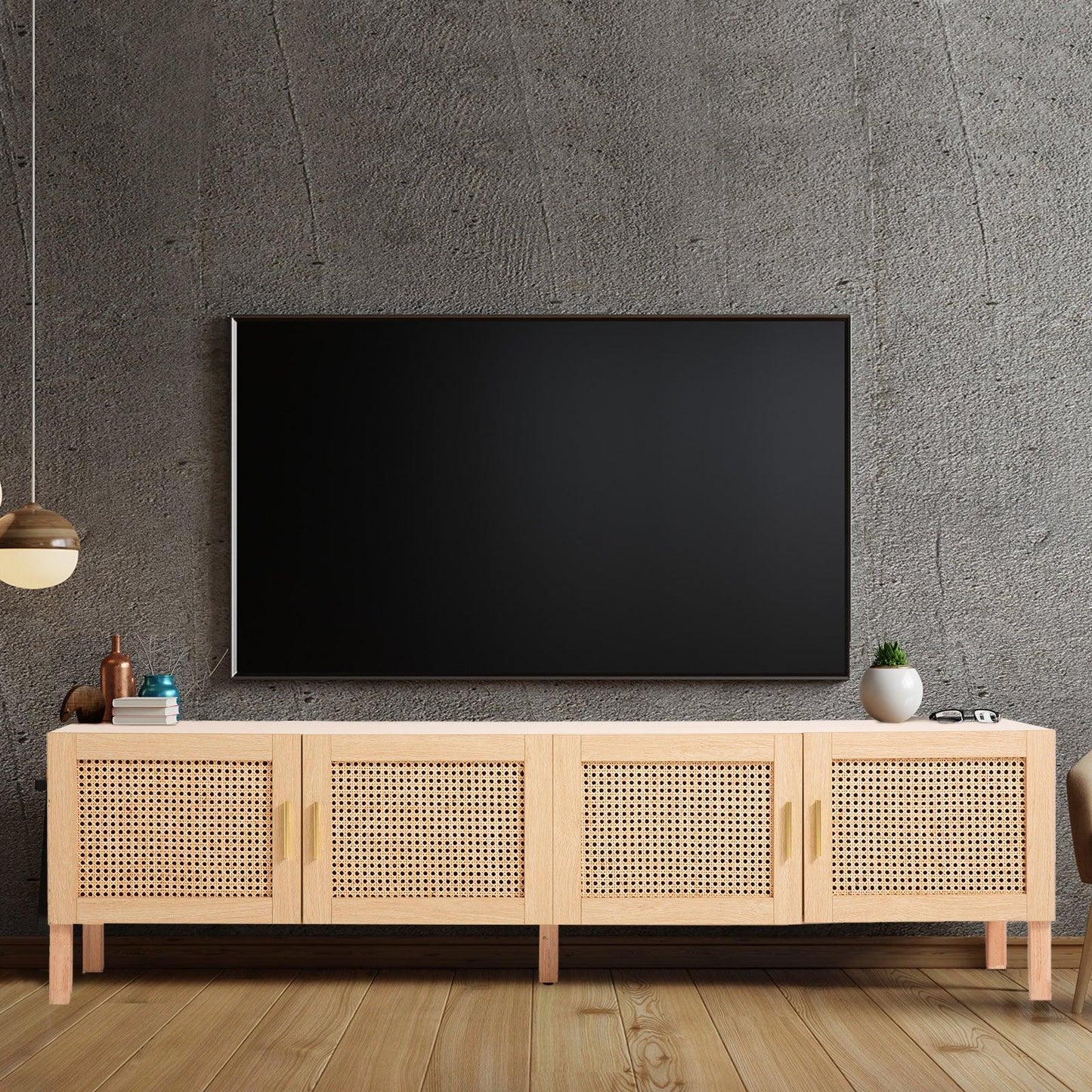 Casa Decor Santiago Rattan Entertainment Unit TV Stand Cabinet Storage Oak - Mekamart Australia