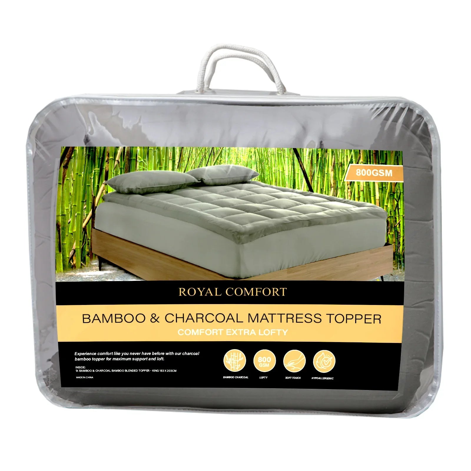 Royal Comfort Charcoal Bamboo Blend Topper 800GSM 45cm Skirt Luxury Bedding - King - Charcoal - Mekamart Australia