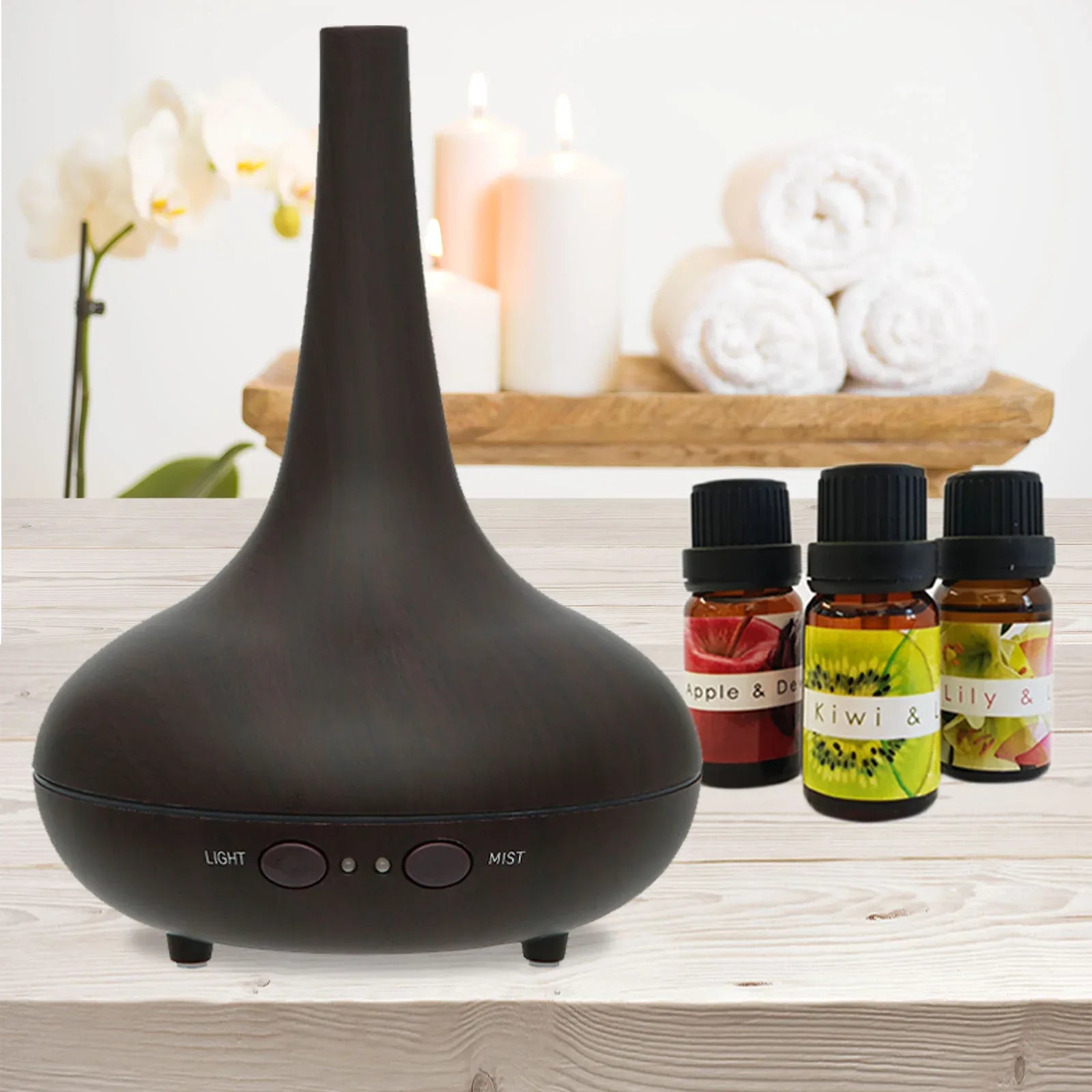 Essential Oil Diffuser Ultrasonic Humidifier Aromatherapy LED Light 200ML 3 Oils - Dark Wood Grain - Mekamart Australia