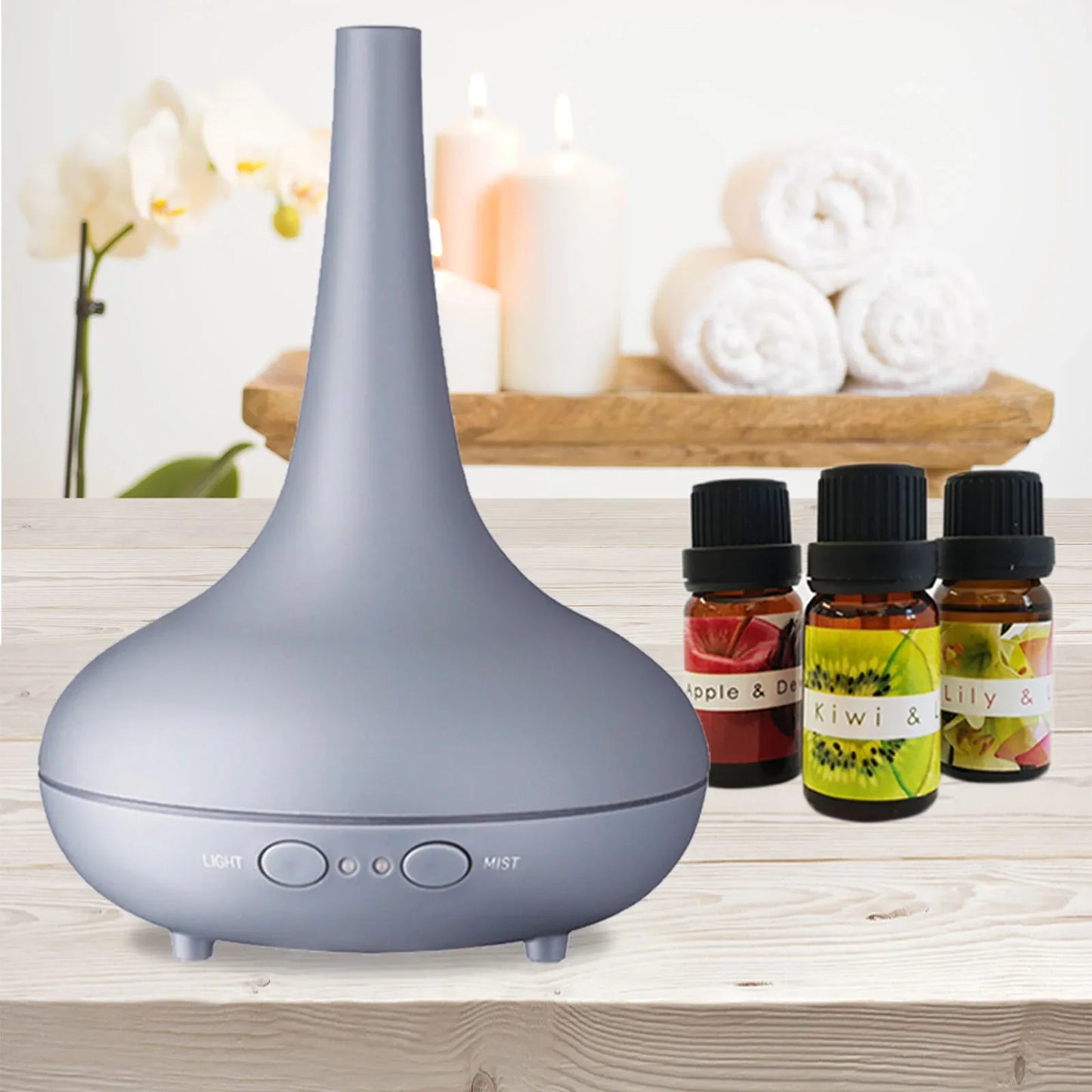 Essential Oil Diffuser Ultrasonic Humidifier Aromatherapy LED Light 200ML 3 Oils - Matte Grey - Mekamart Australia
