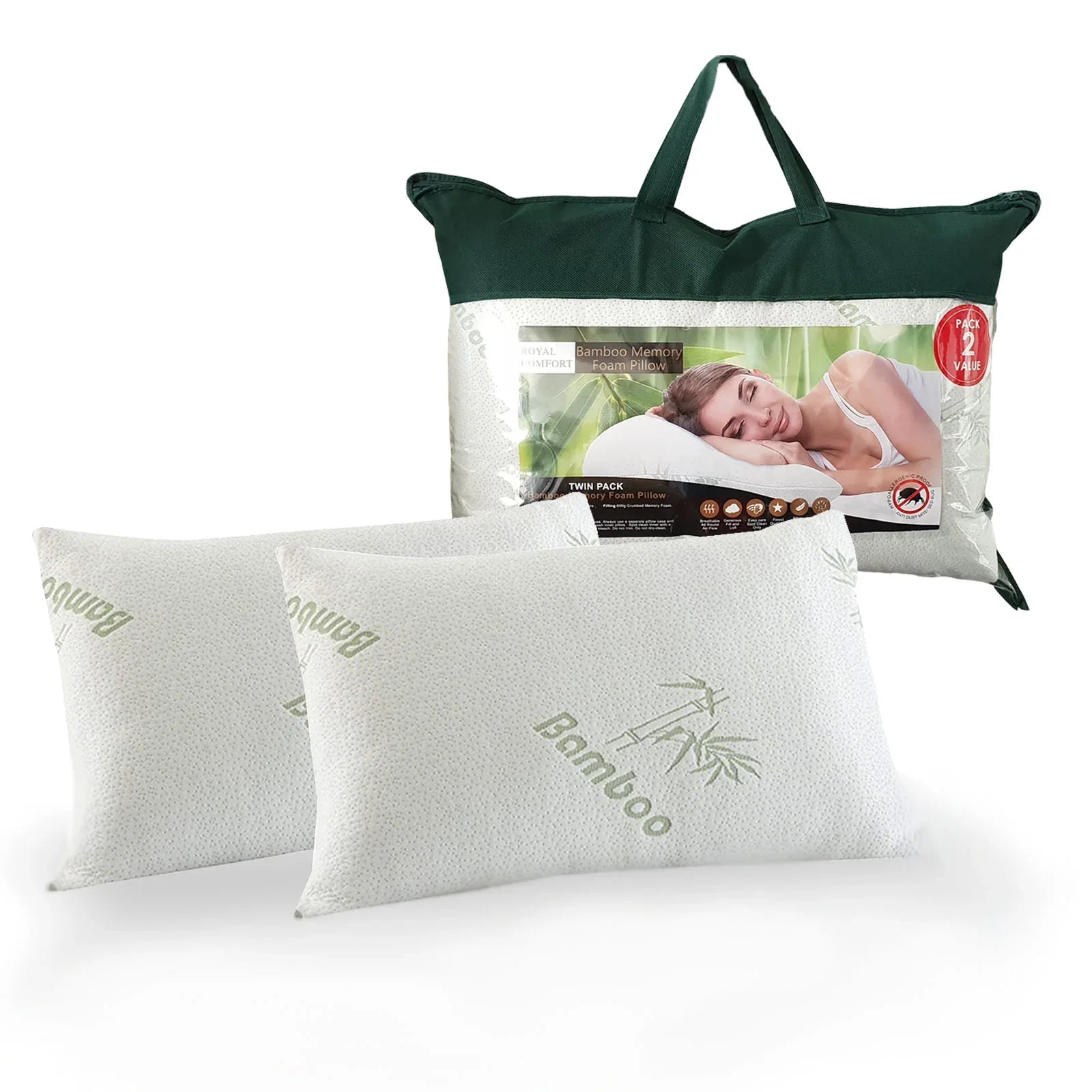 Royal Comfort Luxury Bamboo Covered Memory Foam Pillow Twin Pack Hypoallergenic - Mekamart Australia