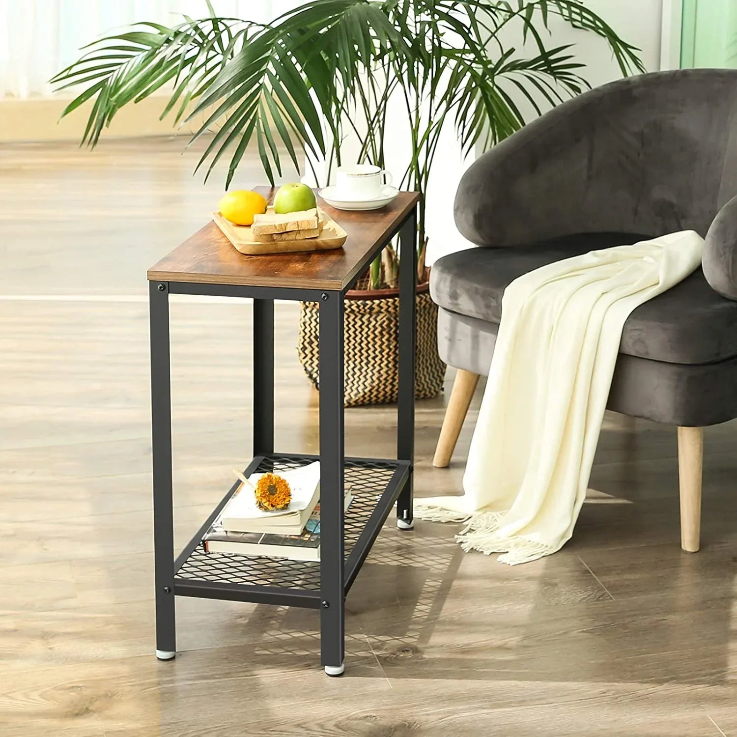 Industrial Side Table 2-Tier With Mesh and Metal Frame Rustic Brown - Mekamart Australia