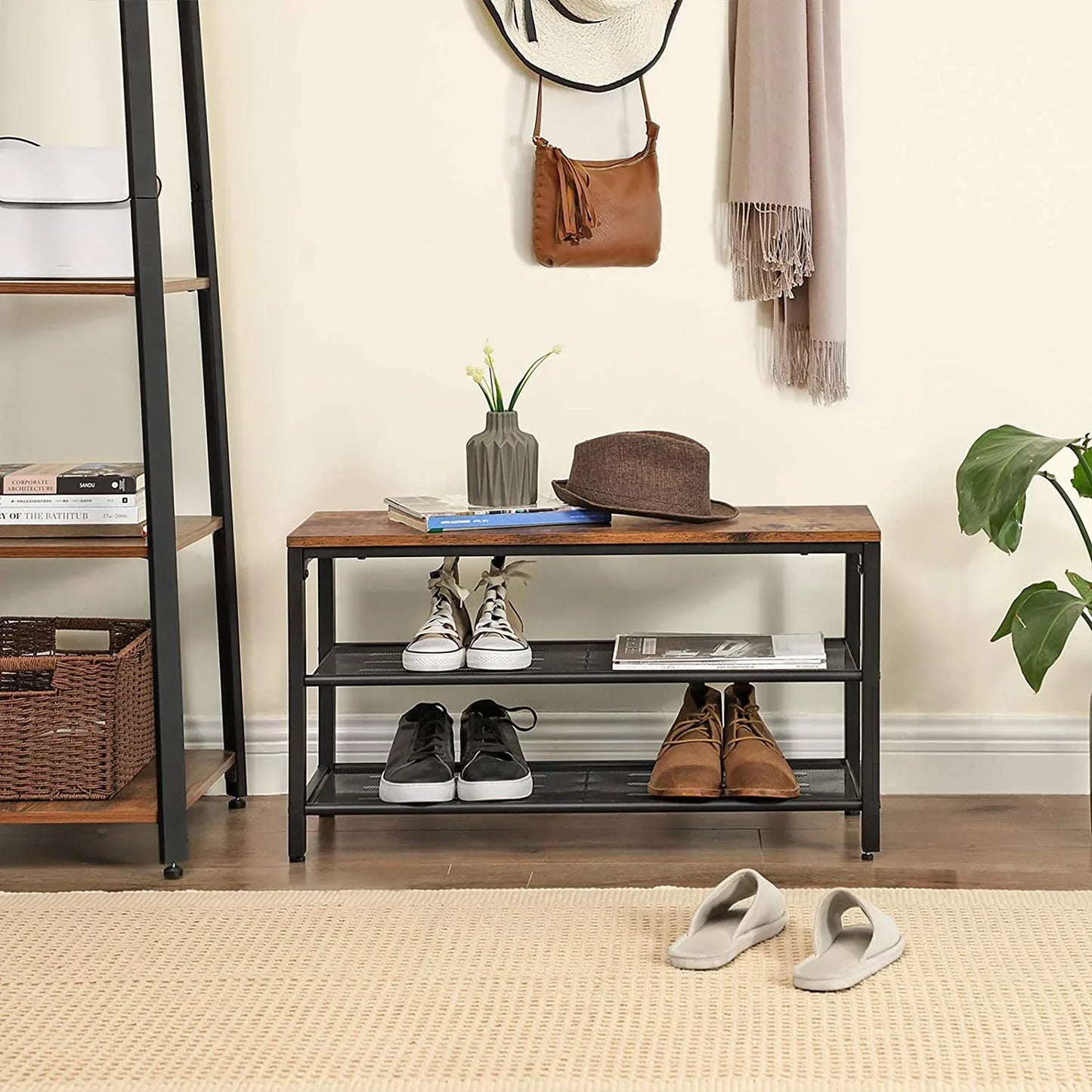 Shoe Rack with 2 Mesh Shelves, Rustic Brown and Black - Mekamart Australia