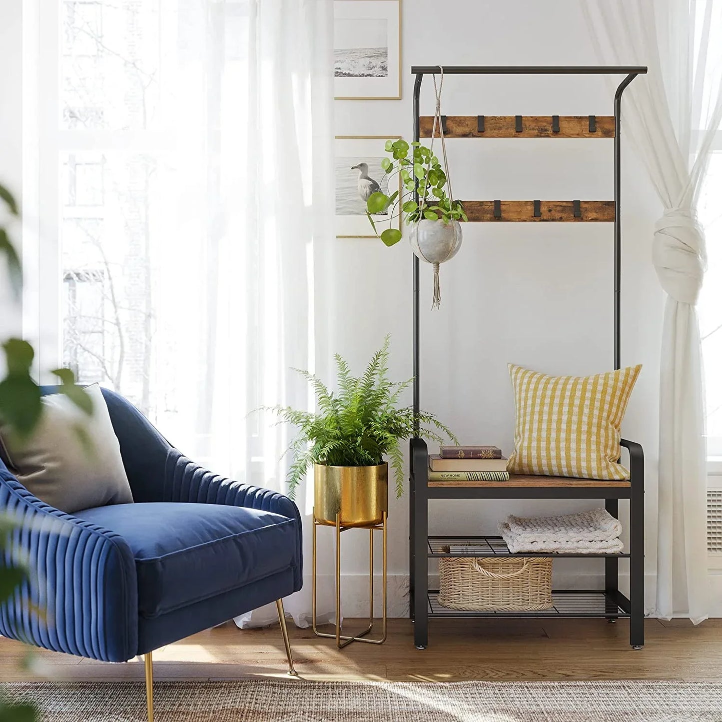 Vintage Coat Rack Shoe Bench, Wood Look Accent Furniture and Metal Frame - Mekamart Australia