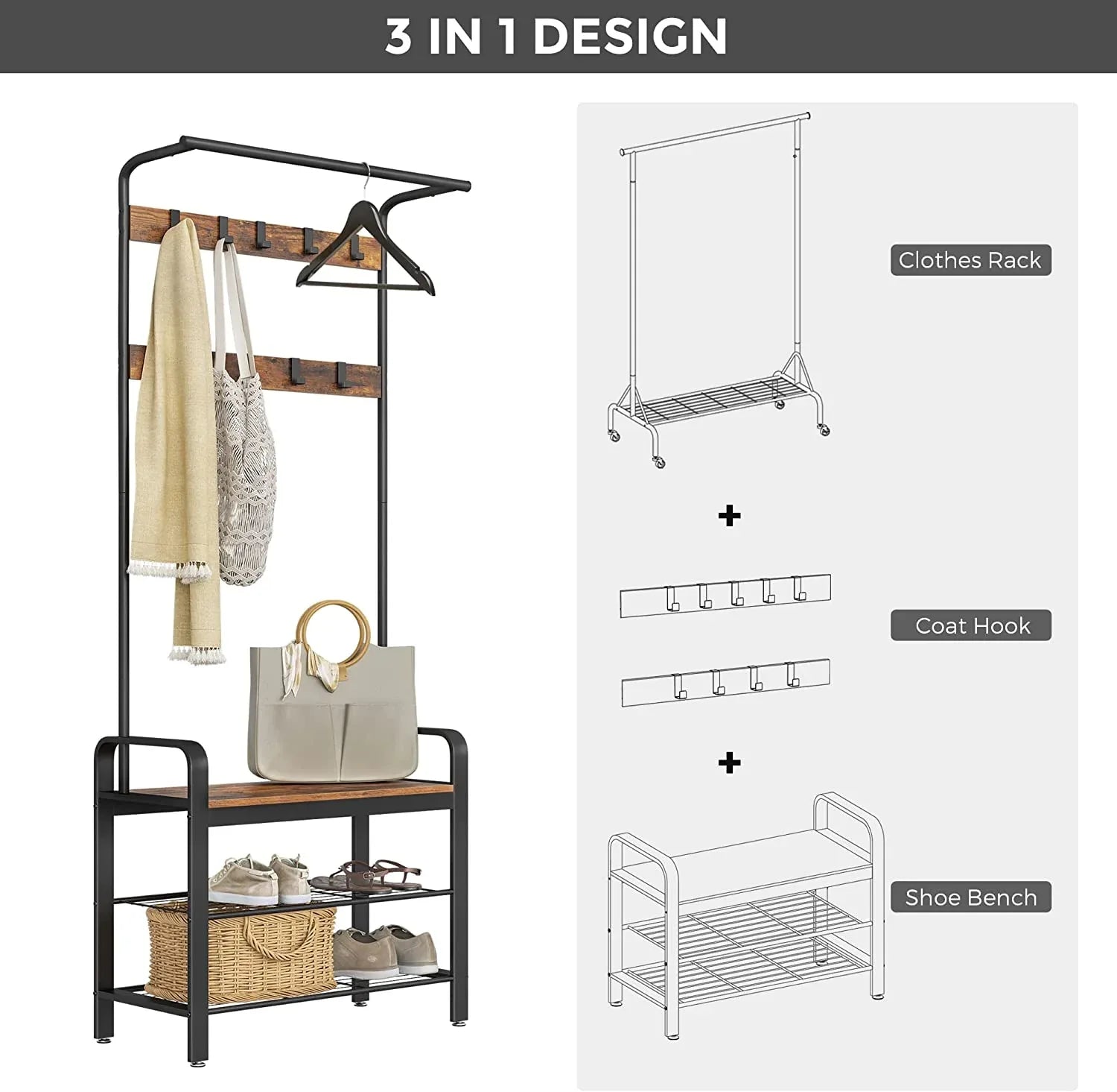 Vintage Coat Rack Shoe Bench, Wood Look Accent Furniture and Metal Frame - Mekamart Australia