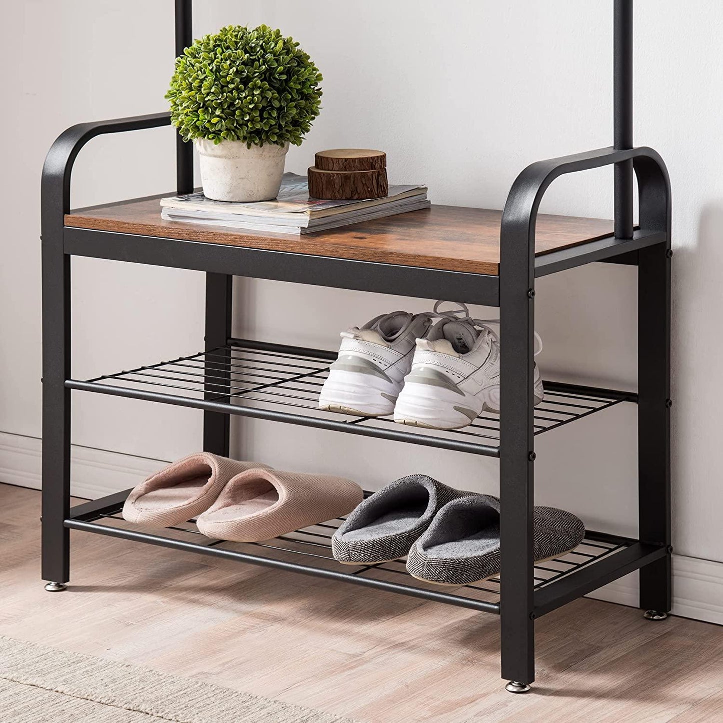 Vintage Coat Rack Shoe Bench, Wood Look Accent Furniture and Metal Frame - Mekamart Australia