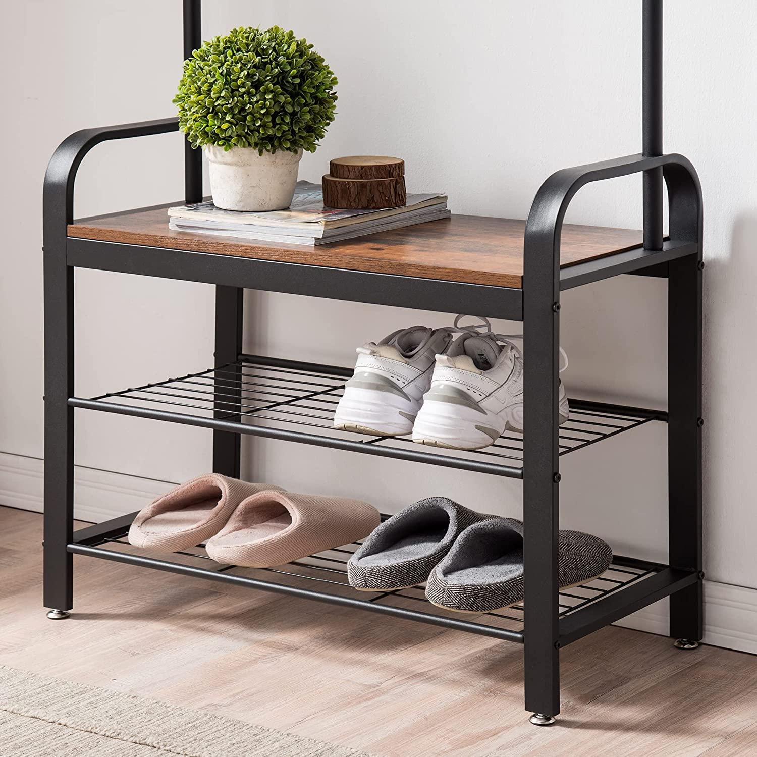 Vintage Coat Rack Shoe Bench, Wood Look Accent Furniture and Metal Frame - Mekamart Australia