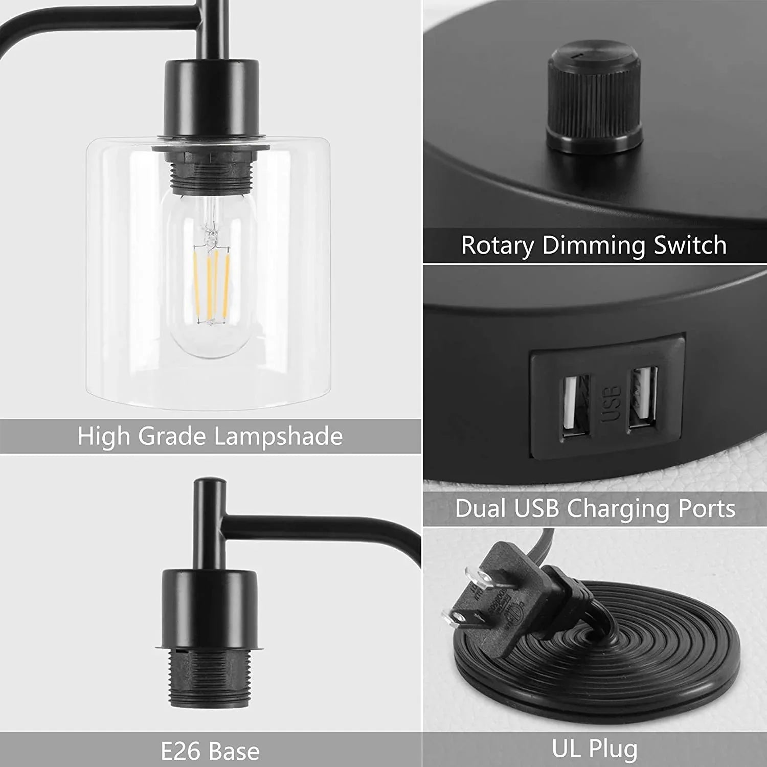 2x Pack Industrial Table Lamp with 2 USB Port for Bedside Nightstand Desk and Living Room Office (Bulb not Included) - Mekamart Australia