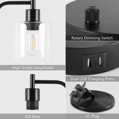 2x Pack Industrial Table Lamp with 2 USB Port for Bedside Nightstand Desk and Living Room Office (Bulb not Included) - Mekamart Australia