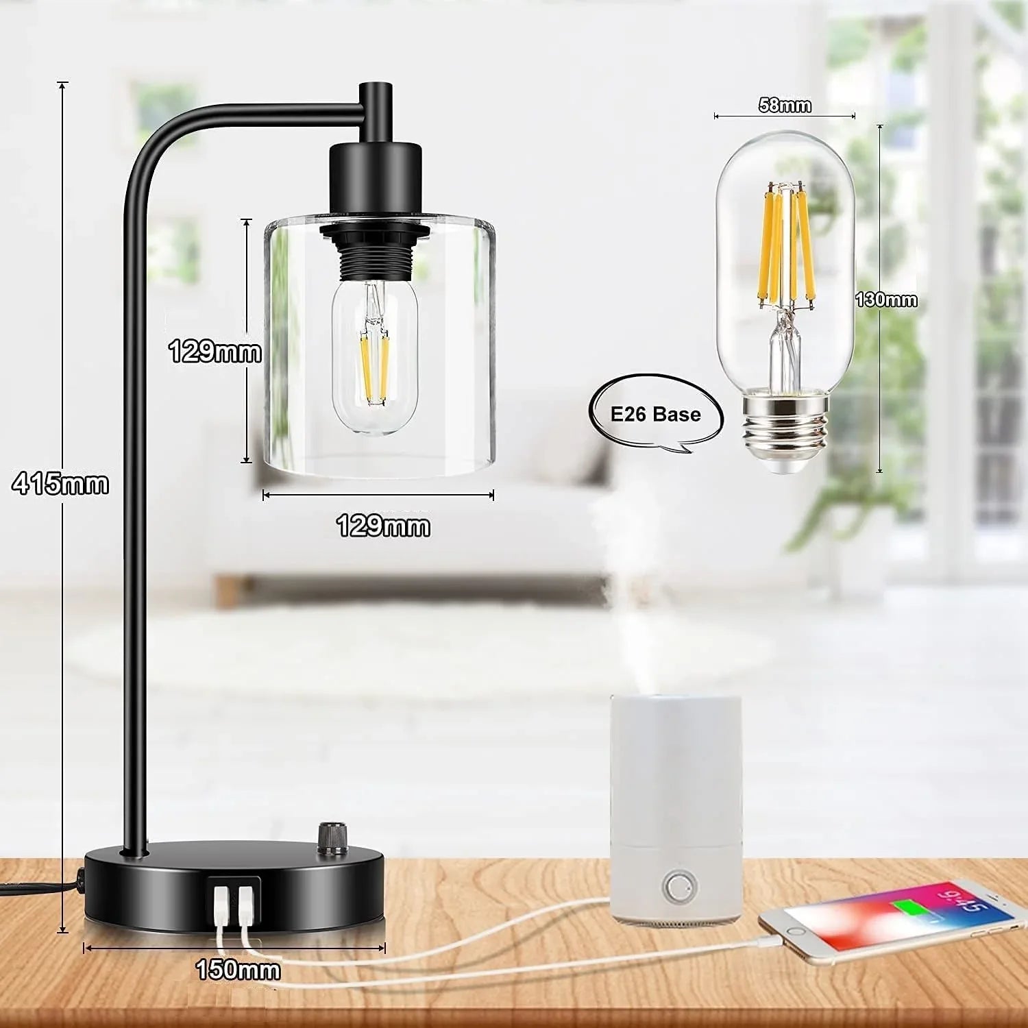 2x Pack Industrial Table Lamp with 2 USB Port for Bedside Nightstand Desk and Living Room Office (Bulb not Included) - Mekamart Australia