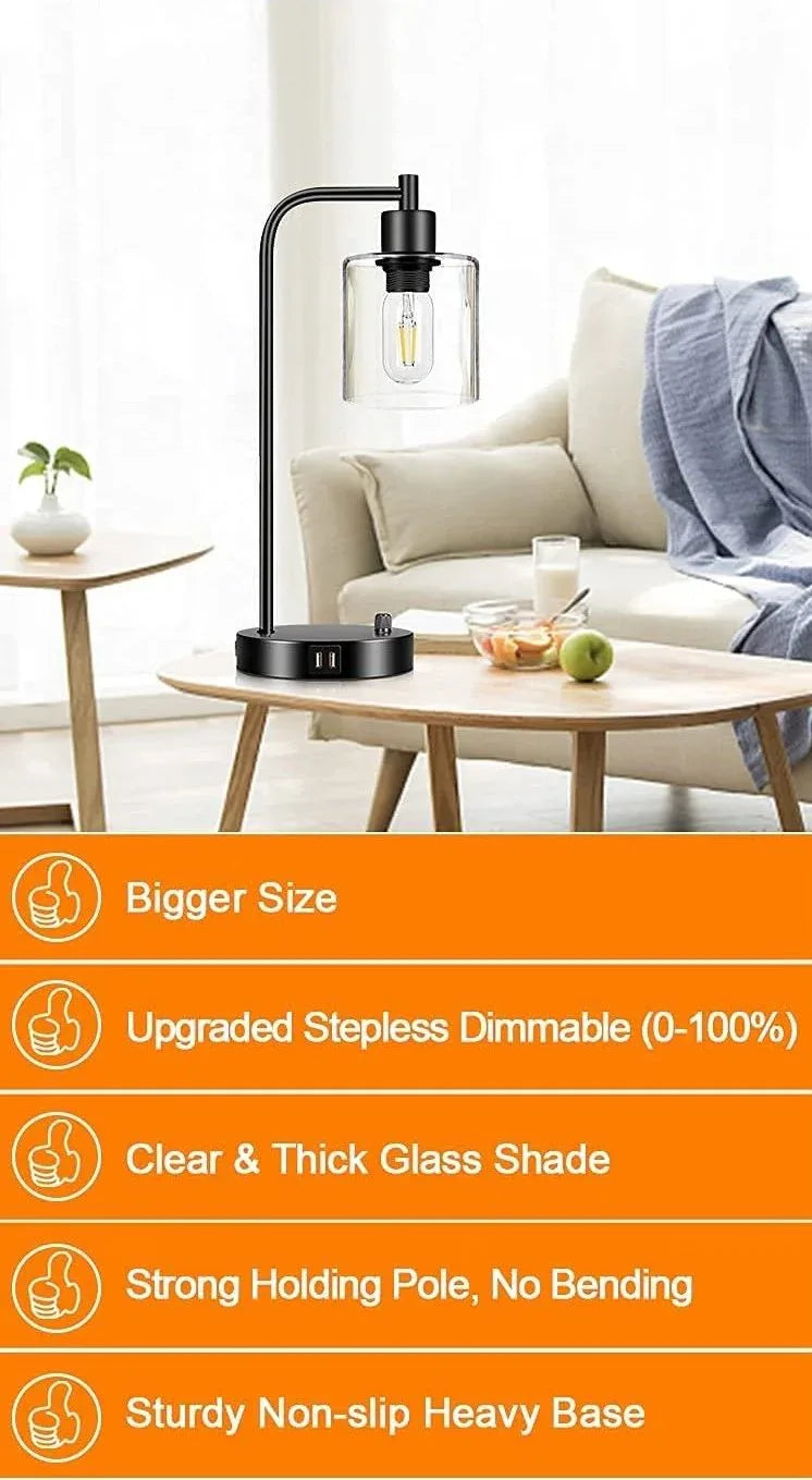 2x Pack Industrial Table Lamp with 2 USB Port for Bedside Nightstand Desk and Living Room Office (Bulb not Included) - Mekamart Australia