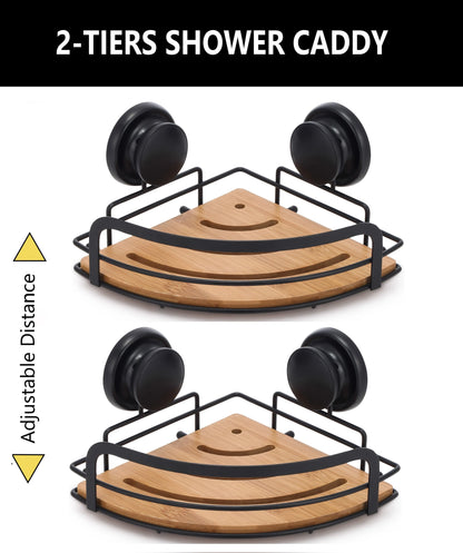 2 Pack Round Bamboo Corner Shower Caddy Shelf Basket Rack with Premium Vacuum Suction Cup No-Drilling for Bathroom and Kitchen - Mekamart Australia