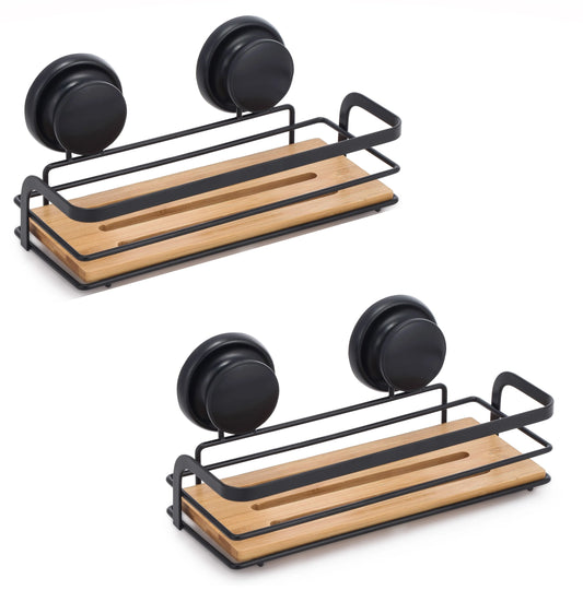 2 Pack Rectangular Bamboo Corner Shower Caddy Shelf Basket Rack with Premium Vacuum Suction Cup No-Drilling for Bathroom and Kitchen - Mekamart Australia