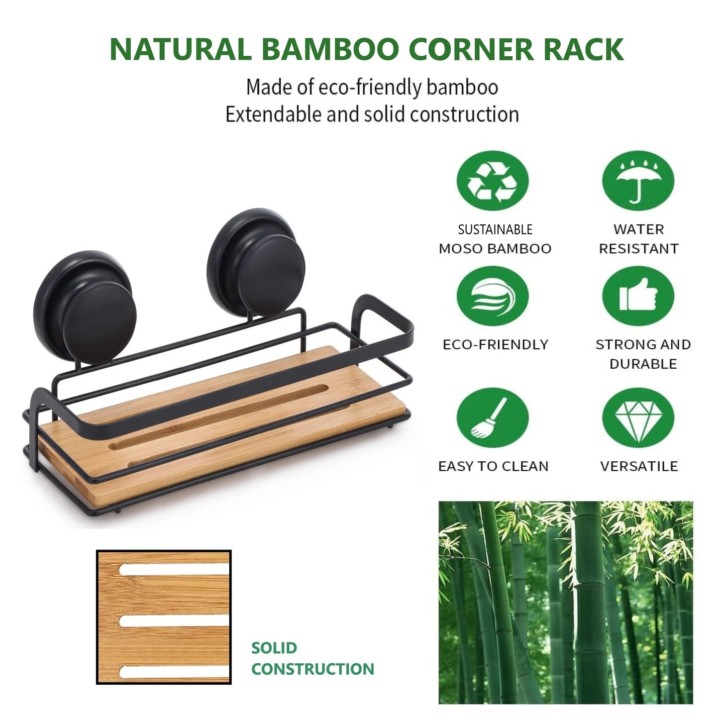 2 Pack Rectangular Bamboo Corner Shower Caddy Shelf Basket Rack with Premium Vacuum Suction Cup No-Drilling for Bathroom and Kitchen - Mekamart Australia