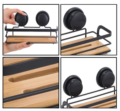 2 Pack Rectangular Bamboo Corner Shower Caddy Shelf Basket Rack with Premium Vacuum Suction Cup No-Drilling for Bathroom and Kitchen - Mekamart Australia