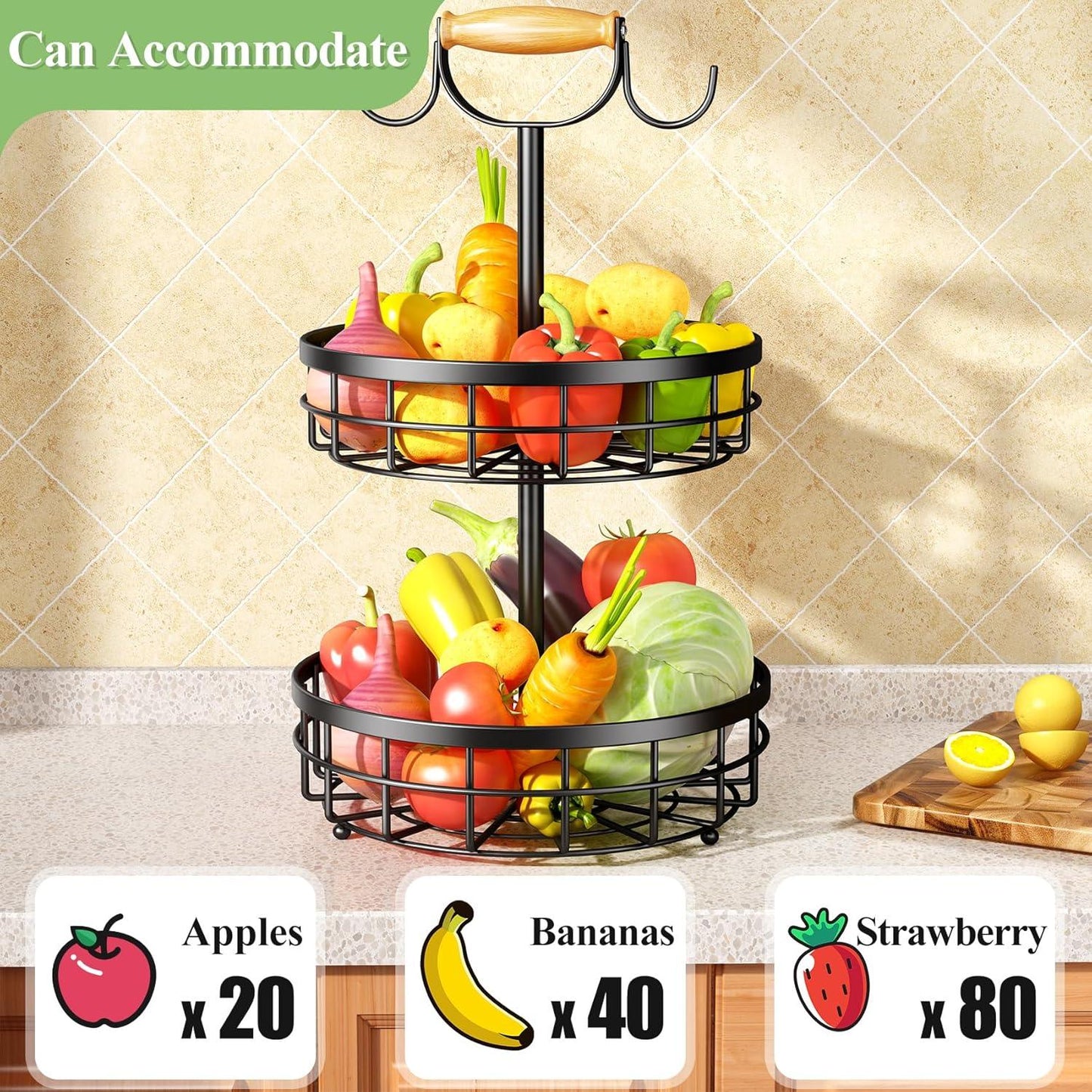 2-Tier Fruit Basket Bowl Storage with Wood Lift Handle and Dual Banana Tree Hanger for Kitchen Countertop - Mekamart Australia