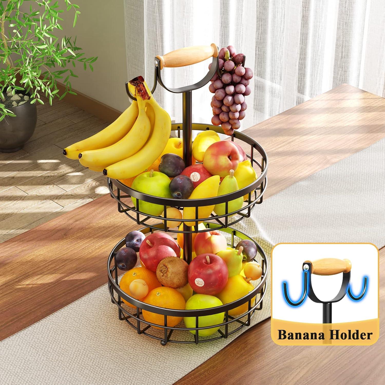 2-Tier Fruit Basket Bowl Storage with Wood Lift Handle and Dual Banana Tree Hanger for Kitchen Countertop - Mekamart Australia