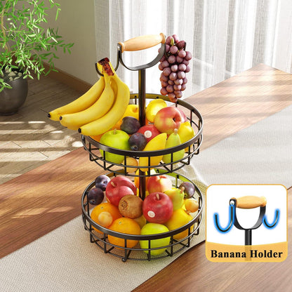 2-Tier Fruit Basket Bowl Storage with Wood Lift Handle and Dual Banana Tree Hanger for Kitchen Countertop - Mekamart Australia