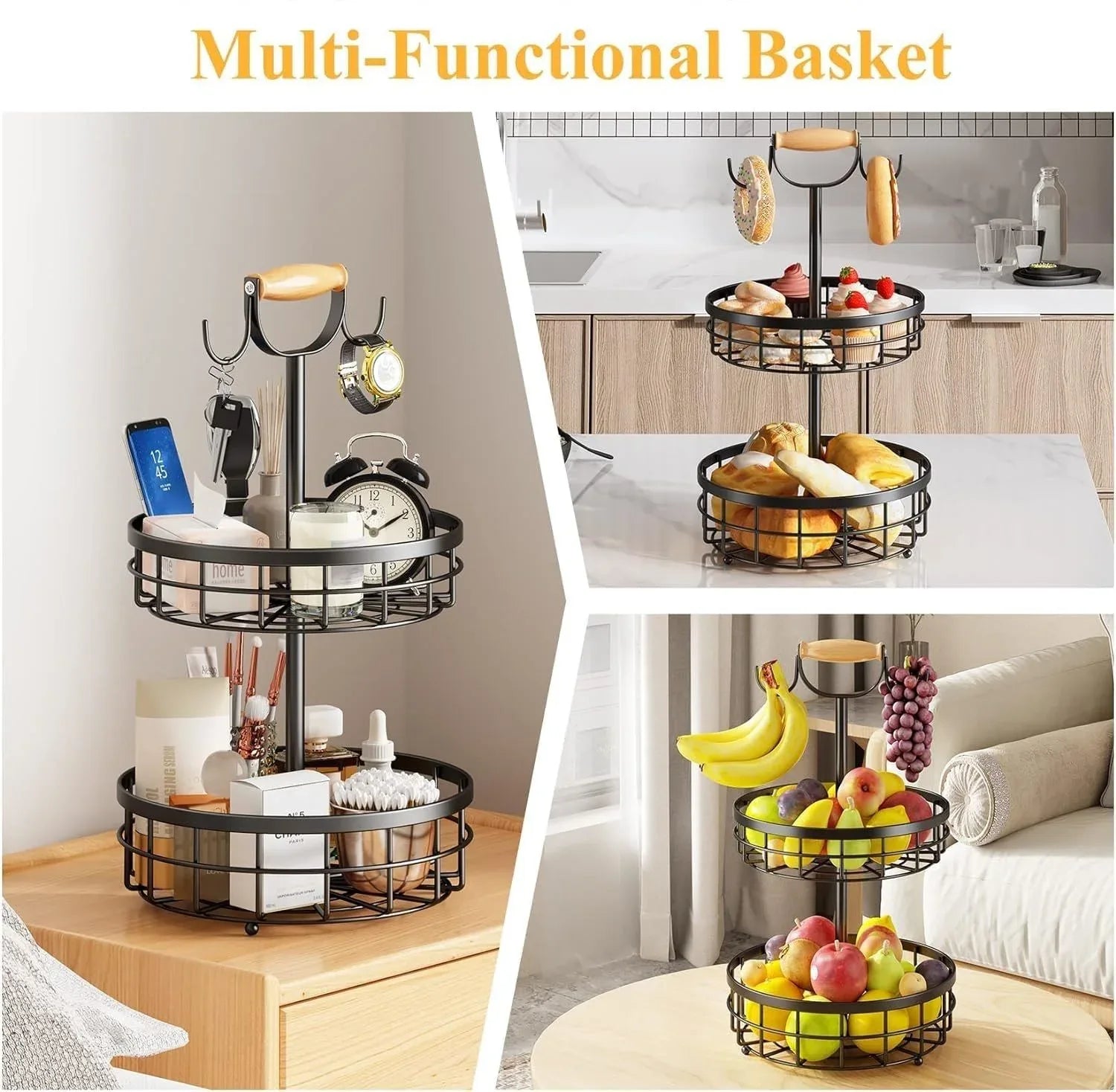 2-Tier Fruit Basket Bowl Storage with Wood Lift Handle and Dual Banana Tree Hanger for Kitchen Countertop - Mekamart Australia