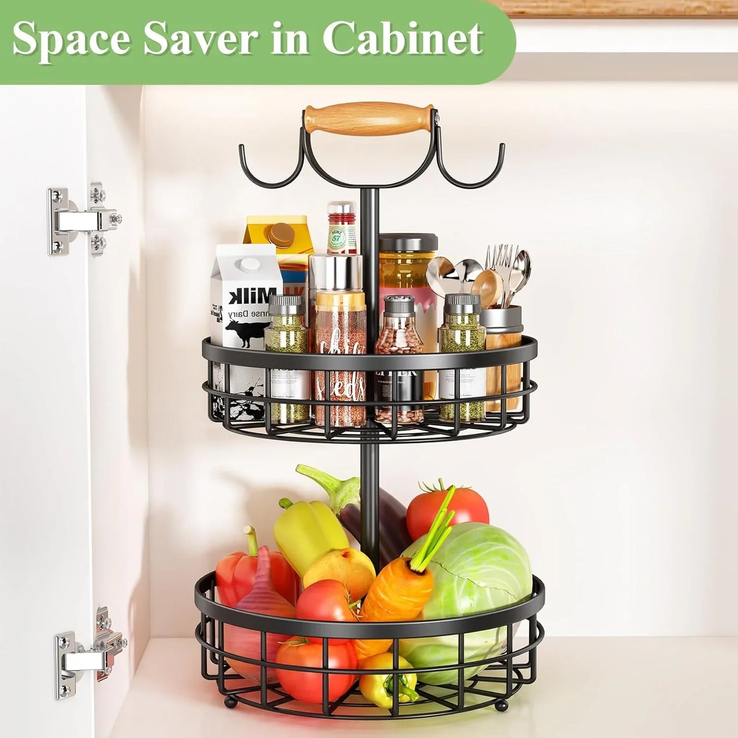 2-Tier Fruit Basket Bowl Storage with Wood Lift Handle and Dual Banana Tree Hanger for Kitchen Countertop - Mekamart Australia
