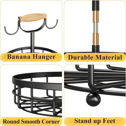 2-Tier Fruit Basket Bowl Storage with Wood Lift Handle and Dual Banana Tree Hanger for Kitchen Countertop - Mekamart Australia