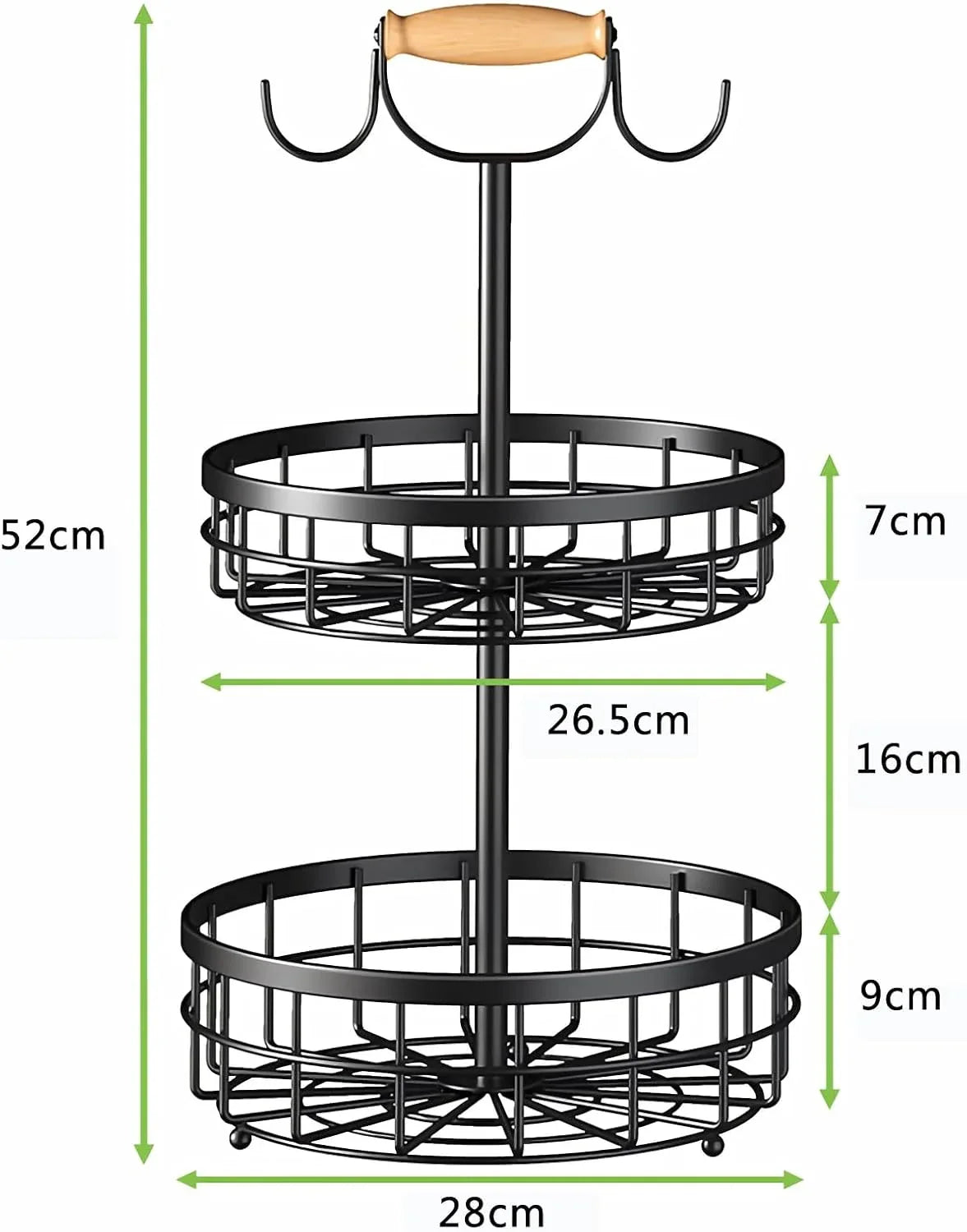 2-Tier Fruit Basket Bowl Storage with Wood Lift Handle and Dual Banana Tree Hanger for Kitchen Countertop - Mekamart Australia