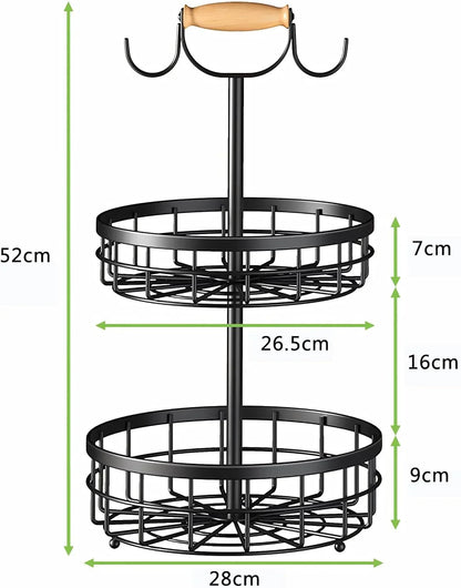 2-Tier Fruit Basket Bowl Storage with Wood Lift Handle and Dual Banana Tree Hanger for Kitchen Countertop - Mekamart Australia
