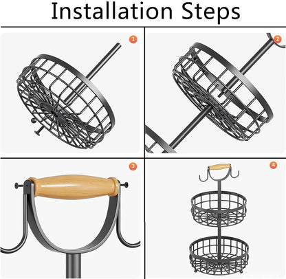 2-Tier Fruit Basket Bowl Storage with Wood Lift Handle and Dual Banana Tree Hanger for Kitchen Countertop - Mekamart Australia