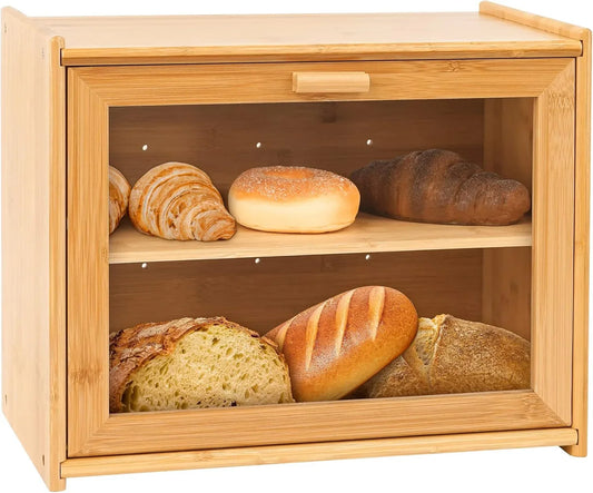 Double Layer Bamboo Bread Box for Kitchen Counter with Large Capacity and Transparent Window - Mekamart Australia