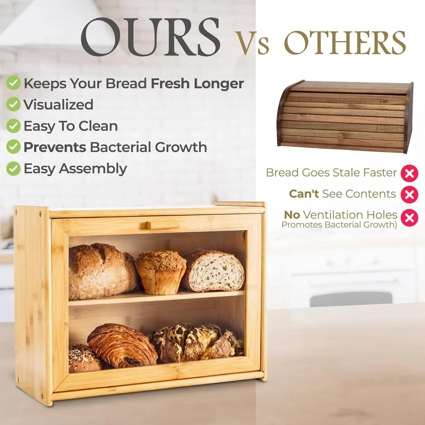 Double Layer Bamboo Bread Box for Kitchen Counter with Large Capacity and Transparent Window - Mekamart Australia
