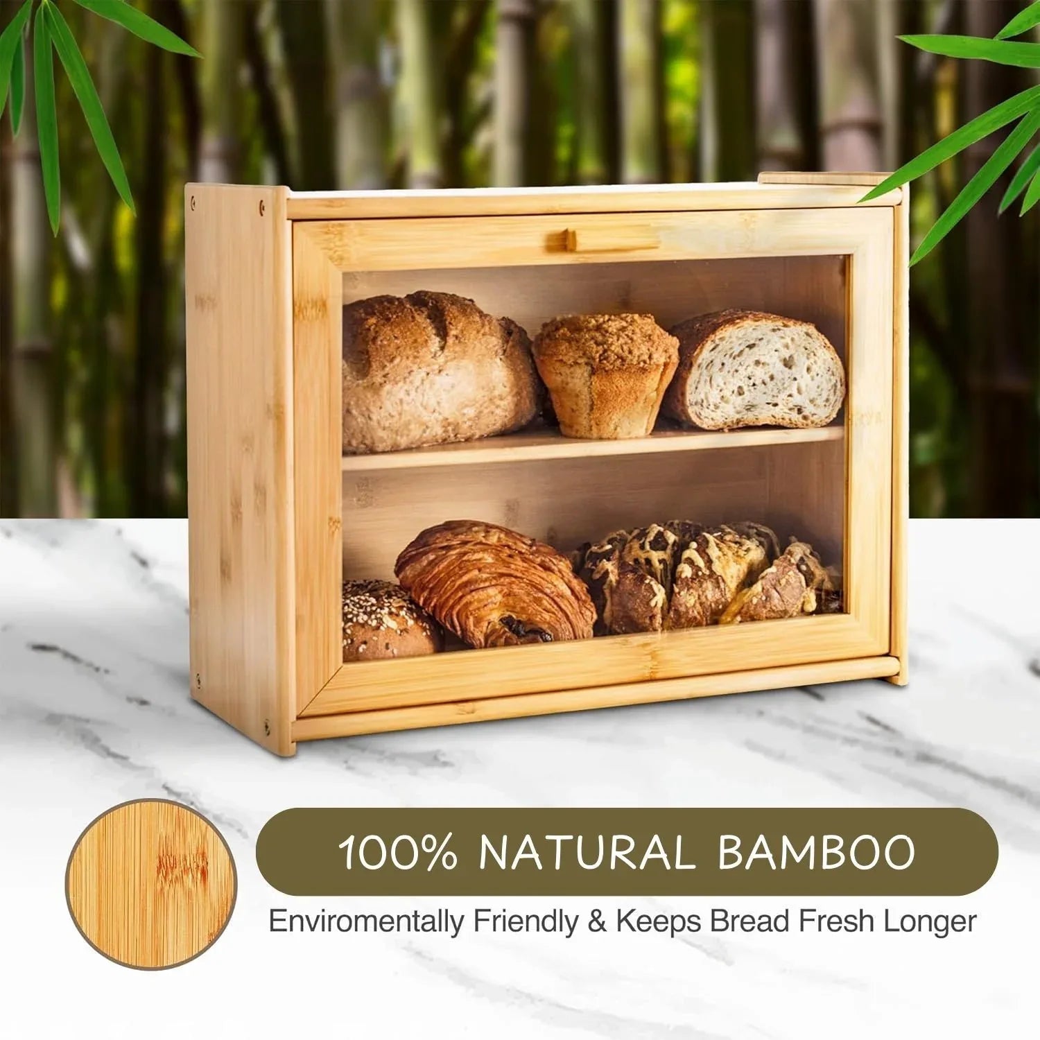 Double Layer Bamboo Bread Box for Kitchen Counter with Large Capacity and Transparent Window - Mekamart Australia